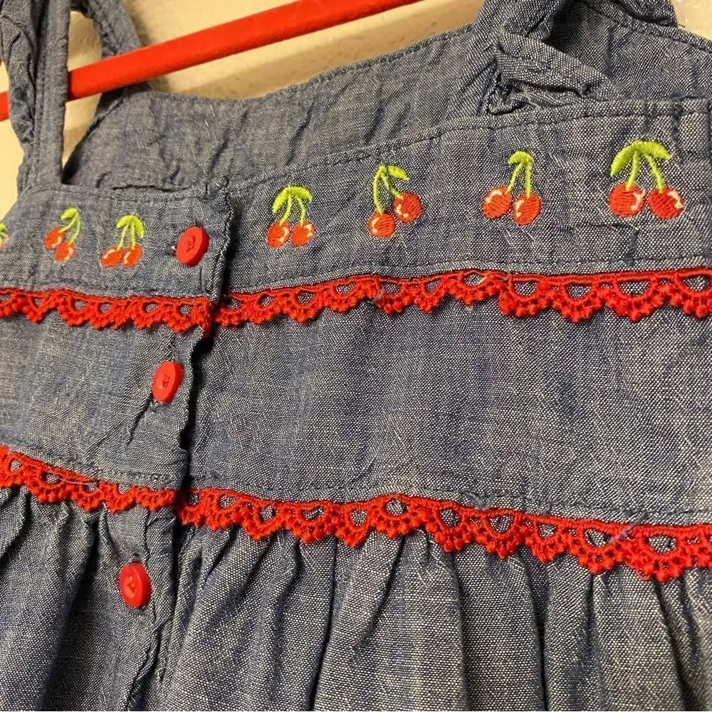 Gymboree Embroidered Chambray Cherry denim ruffle Americana 4th of July Dress 3T
